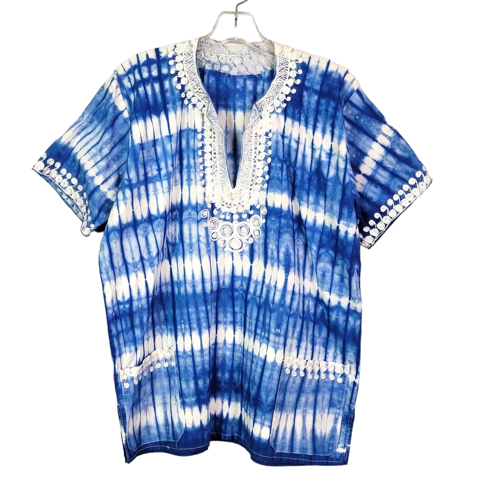 Tie Dye Blue Embroidered Vintage Pullover Tunic Top Women's See Measurements